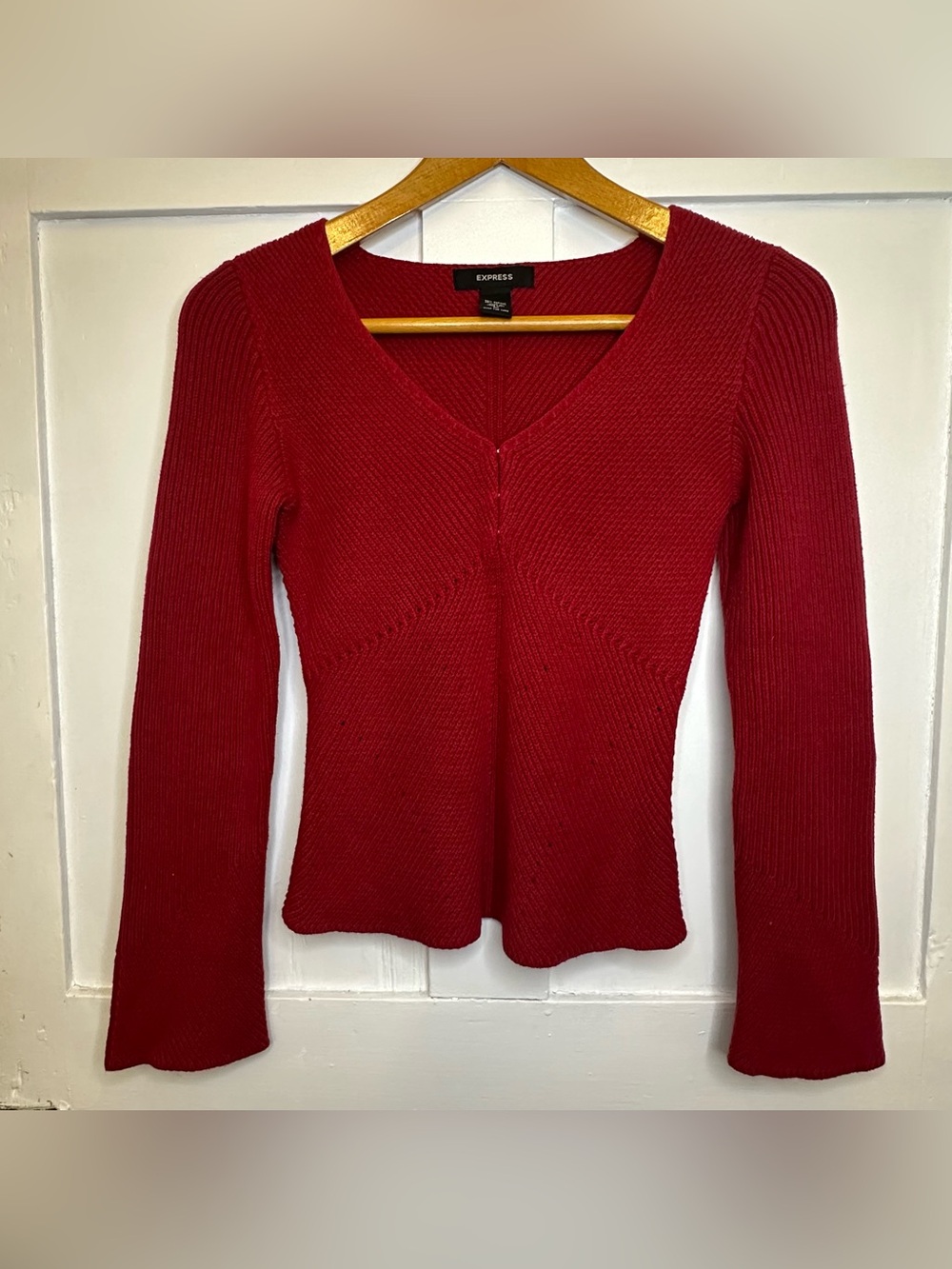 Express Cranberry Red V-Neck Ribbed Knit Sweater with Hook & Eye Closures